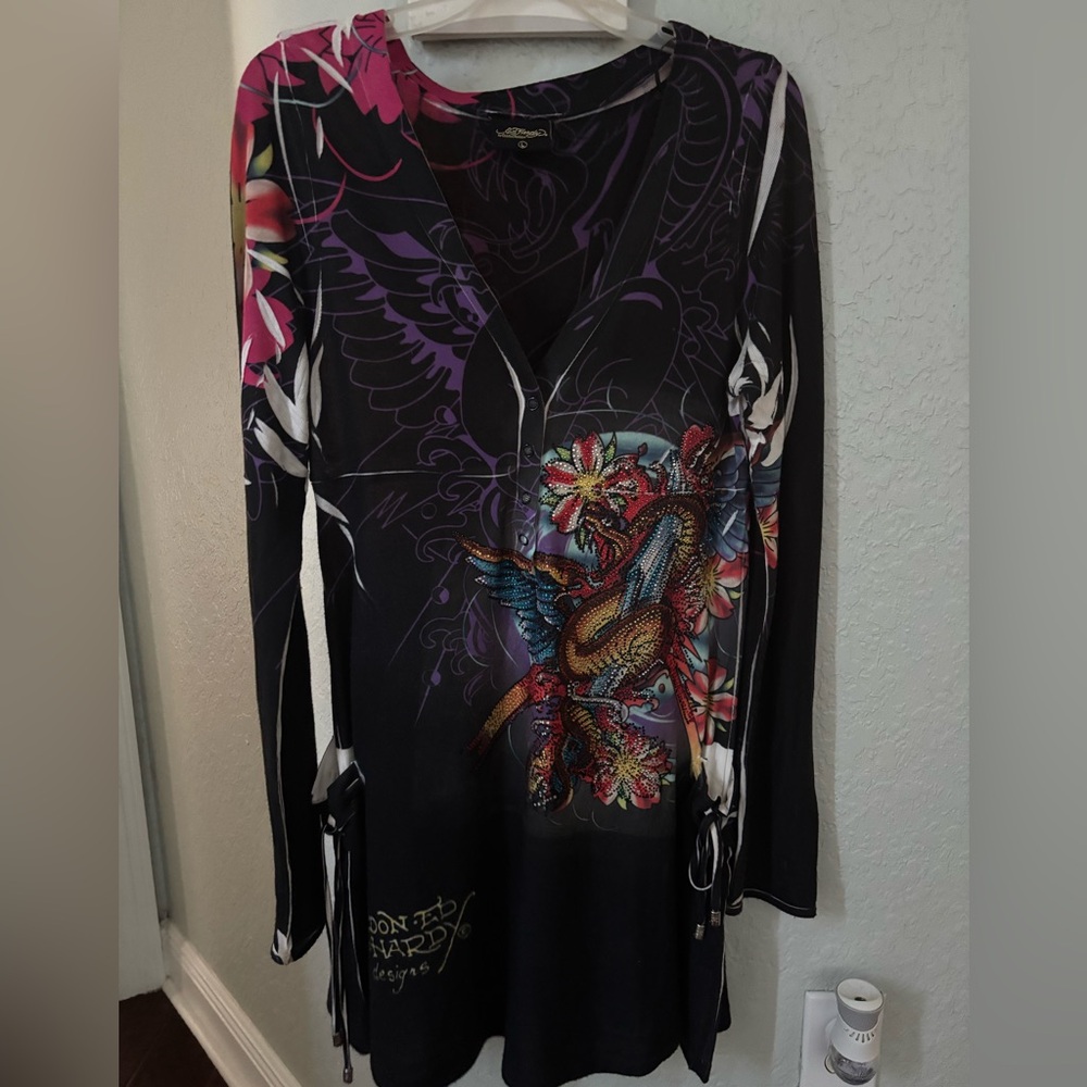 Ed Hardy Black dress with Purple and Pink Graphic Accents